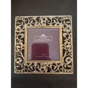 Austin Collection Gold Metal Floral Filigree 3x3 Square Picture Frame Vintage